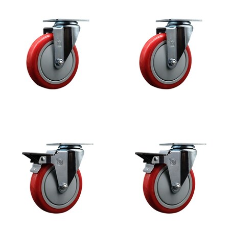Service Caster 5'' Red Poly Wheel Swivel Top Plate Caster Set with 2 Posi Brakes, 4PK SCC-20S514-PPUB-RED-2-PLB-2